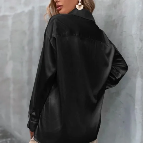 Black Classic button up Satin Boyfriend Work Top Minimalist - Picture 3 of 16